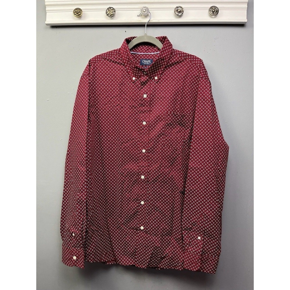 Chaps Button Down Shirt Mens XXL Burgundy Red Diamond Pattern Easy Care Long Slv